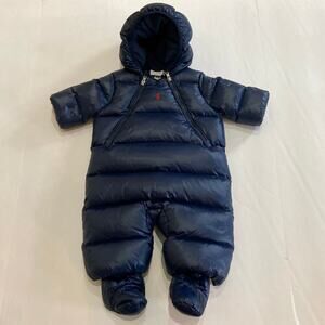 Ralph Lauren Baby Down Nylon Winter Snowsuit Navy Blue Hooded 3 Months